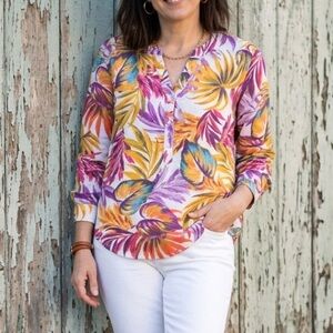 St. John’s Bay Linen Blend Tropical Vivid Palm Print Blouse PS NEW